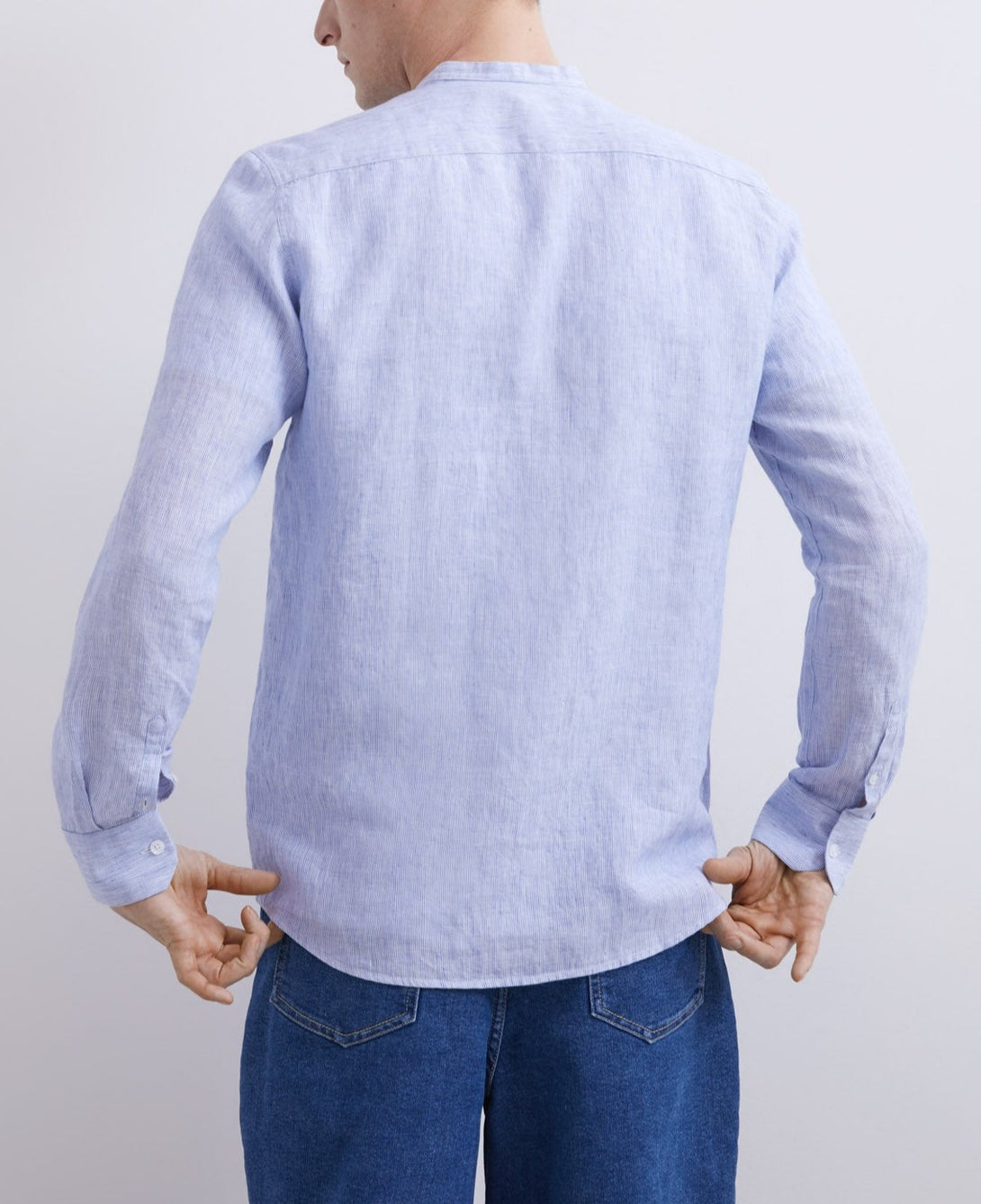 Men Shirt | White/Sky Blue Striped Shirt With Mao Collar In Linen by Spanish designer Adolfo Dominguez