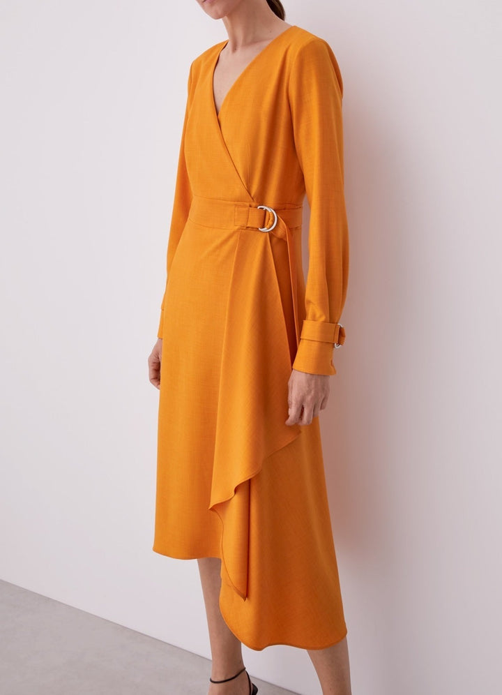 Women Dress | Yellow Wrap Dress With Side Flounce by Spanish designer Adolfo Dominguez